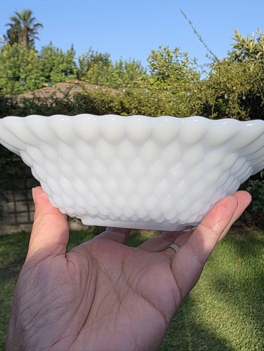 Vintage Anchor Hocking Milk Glass Diamond Hobnail Square Bowls Pair 6.5